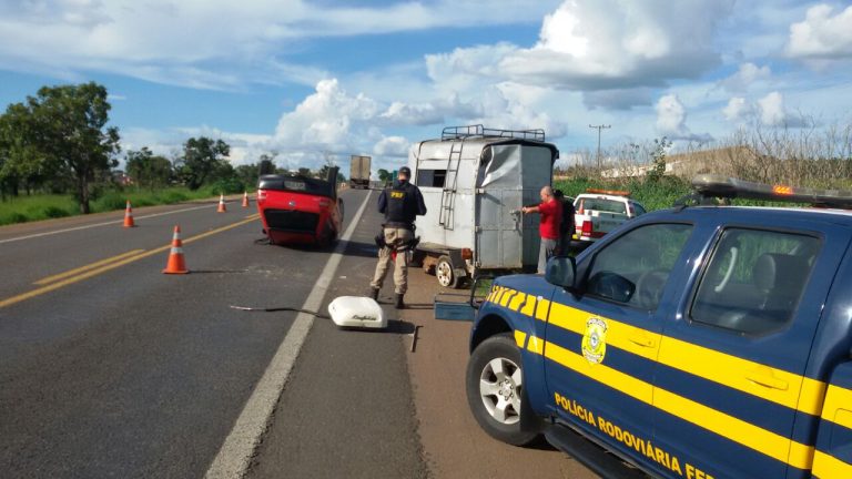 Carro tracionando reboque com animal capota na BR 050