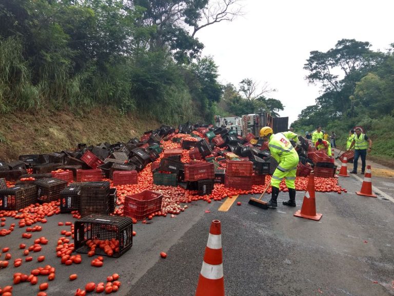Acidente na BR 050 entre Catalão/Uberlândia MG; veículo carregado de tomante tomba e interdita pista por uma hora