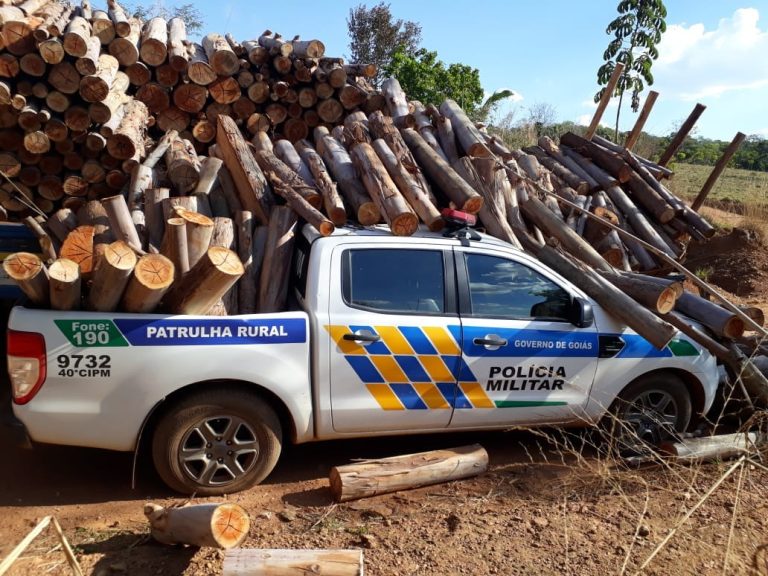 Ipameri: caminhão com 20 toneladas de lenhas tomba sob viatura da Patrulha Rural
