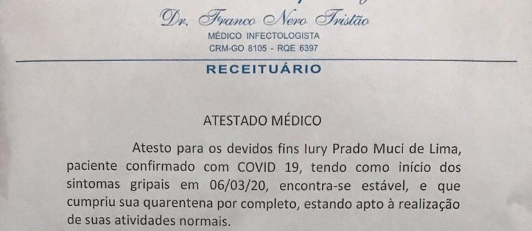 RAPAZ DE 28 ANOS DE IDADE DE CATALÃO, QUE CONTRAIU COVID-19, RECEBE ATESTADO MÉDICO PARA RETORNAR COM SUAS ATIVIDADES NORMAIS