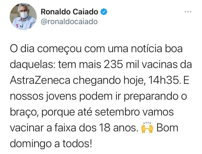 GOIÁS RECEBE 235 MIL DOSES DA ASTRAZENECA NA TARDE DESTE DOMINGO (20/06)
