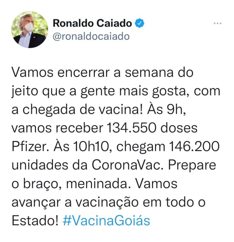 GOVERNO DE GOIÁS RECEBE 280.750 VACINAS, NESTA SEXTA-FEIRA (20/08)