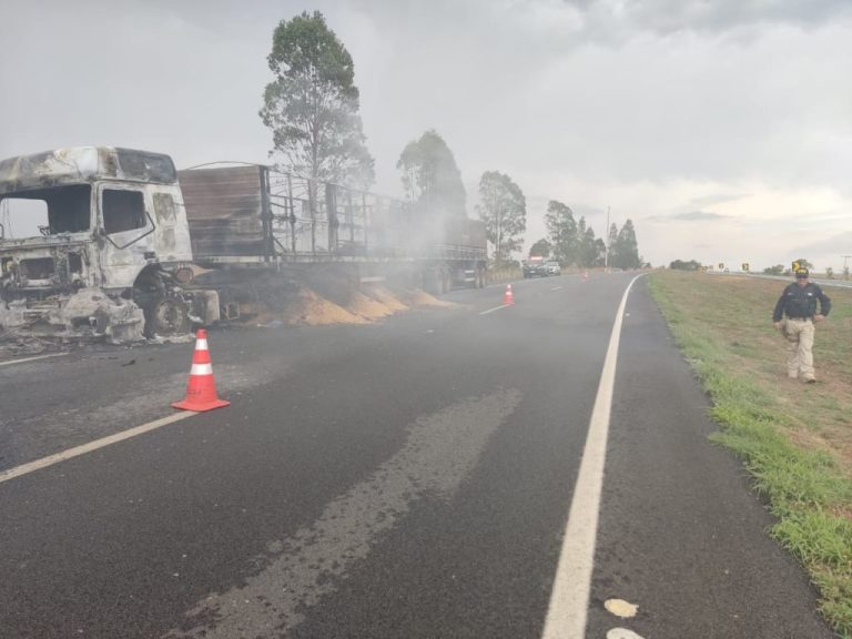 PNEU DE CARRETA BI-TREM ESTOURA NA BR-050 E CAUSA INCÊNDIO QUE DESTRUIU COMPLETAMENTE CAMINHÃO E PARTE DO SEMI-REBOQUE