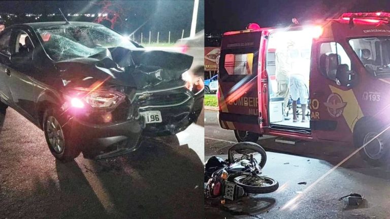 MOTOCICLISTA TENTA ESCAPAR DE BLITIZ POLICIAL EM CATALÃO E ACABA BATENTO DE FRENTE COM CARRO