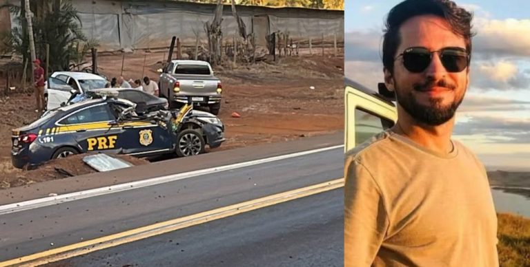 Policial rodoviário federal de Uberlândia morre após carreta carregada de toras de eucalipto tombar sobre a viatura