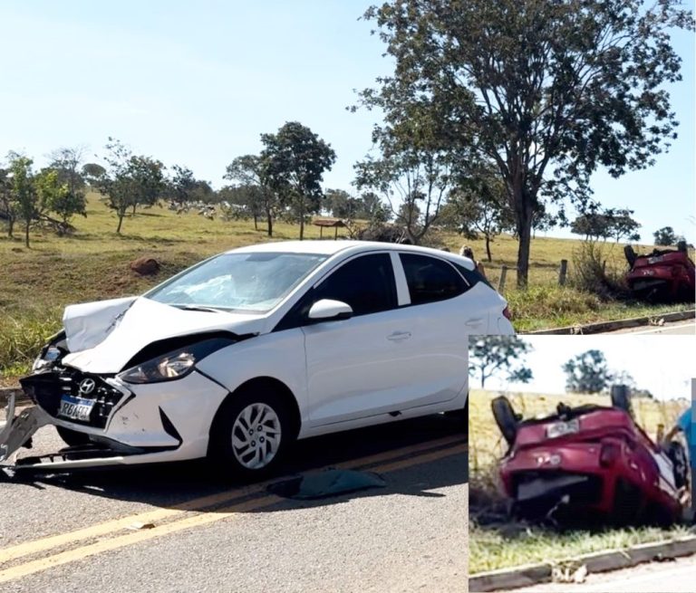 Carro capota após colisão traseira na GO-305 entre Cumari e Anhanguera