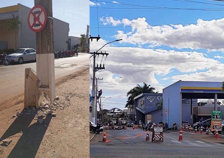 Carro colide com poste, desliga semáforos e interdita rua, causando congestionamento no centro de Catalão