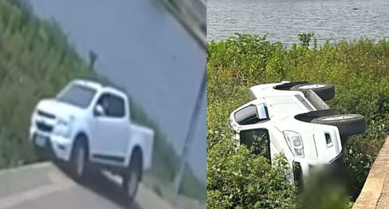 Motorista perde controle de caminhonete e veículo cai em represa em Catalão