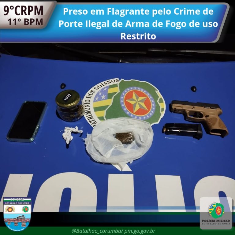 Polícia Militar prende dois suspeitos de porte ilegal de arma de fogo e posse de drogas, em Pires do Rio (GO)