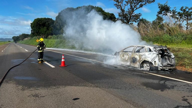 Carro pega fogo na BR-050 em Catalão