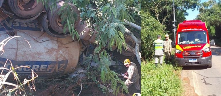 Caminhão betoneira tomba na GO 330 entre Catalão e Ouvidor e motorista fica gravemente ferido