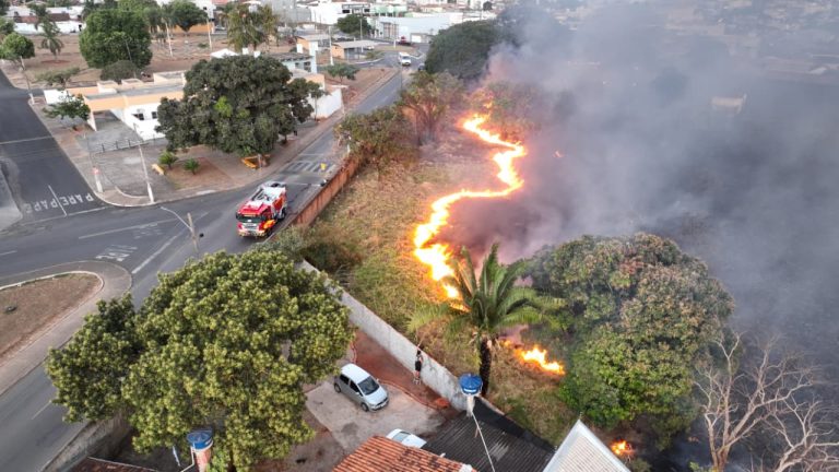 Incêndio em terreno baldio ameaça residências no bairro Vila União, em Catalão
