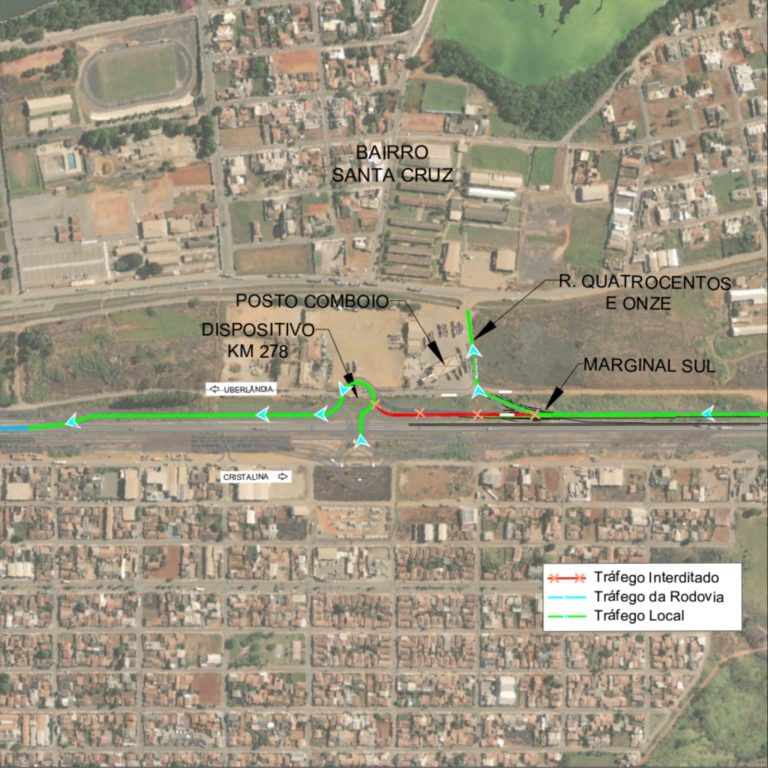 Obras de drenagem no km 278 da BR-050 alteram acesso ao Pontal Norte, em Catalão